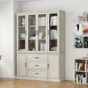 Bücherregal mit sechs Türen und drei Schubladen, Vitrinenschrank mit Glastüren, Aufbewahrungsschrank mit schwarzem Griff, Hellgrau,155 x 40 x 207.5 cm