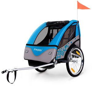 FROGGY Kinder Fahrradanhänger mit Federung + 5-Punkt Sicherheitsgurt, Anhänger für 1 bis 2 Kinder, Design Cyan