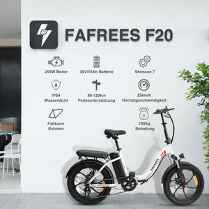 Fafrees F20 Faltbares Elektrofahrrad klapprad City Bike 20-Zoll-Fettreifen-Elektro-Moutain-Fahrrad, Schnee-E-Bike,250 W, leistungsstarker Motor, Laufleistung 90–120 km, Weiss