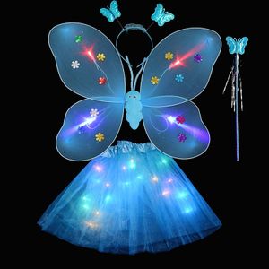 JDland Kostým Křídla Motýlí křídla Sada 4（Křídla + čelenka + hůlka + sukně）modrá