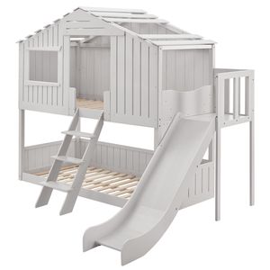 Juskys Kinderbett Baumhaus 90 x 200 cm mit Dach, Rutsche & Leiter – Etagenbett Weiß für Kinder – 2x Lattenrost bis 150 kg – Hausbett aus Massivholz