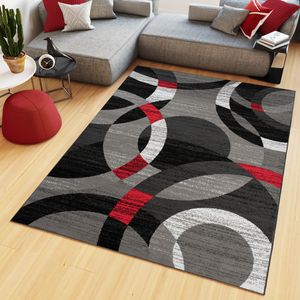Teppich Wohnzimmer Schlafzimmer Kurzflor Modern Design Streifen Schwarz Grau Rot Weiß Meliert Verwischt Meliert  140 x 200 cm