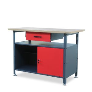 Werkbank mit Arbeitsplatte Werktisch mit Schublade Abschließbares Fach Verstellbare Füße Belastbar bis 400 kg Metall 120 cm x 60 cm x 85 cm Farbe: Anthrazit-Rot