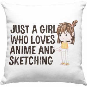 Trendation - Anime Deko-Kissen mit Füllung 40x40 Geschenk Geschenkidee Just A Girl Who Loves Anime And Sketching Zeichnen Mädchen (Blau)