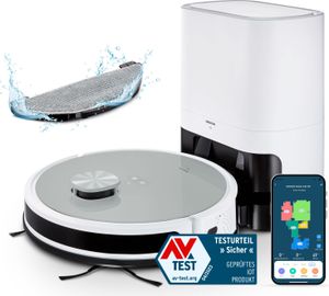 MEDION Saugroboter mit Absaugstation und Wischfunktion X21 SW (Lasernavigation, Starke 3000Pa Saugkraft, 2in1 Roboterstaubsauger, präzise Kartenerstellung, Go & No Go Bereiche, mehrere Etagen)
