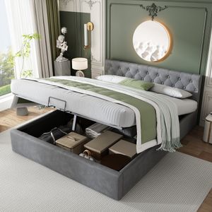 Flieks Čalúnená posteľ 140x200 cm, úložná posteľ Boxspring s úložným priestorom a lamelovým rámom, zamatová manželská posteľ Drevená funkčná posteľ, sivá