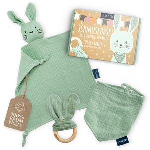 AMARI ® "Schmusetuch Hase Mint" mit Beißring und Lätzchen, Ideale Geschenke zur Geburt für Junge und Mädchen - Baby Geschenk Neugeborene
