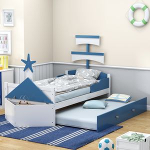 Flieks Kinderbett Holzbett 90x200cm in Segelbootform, Einzelbett Kinderbett mit Ausziehbett 90x190cm, Bett mit Staufach für Kinder, Blau