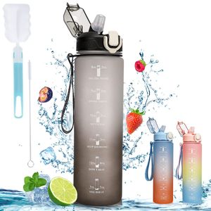 Trinkflasche 1l, Wasserflasche Auslaufsicher, Sport Trinkflasche mit Strohhalm, Sportflasche mit Zeitmarkierungen für Fahrrad, Gym, Wandern, Schule, grau, 1L