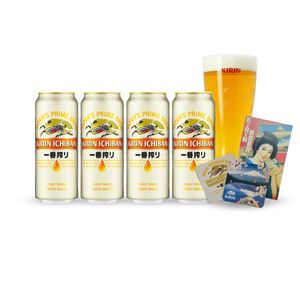 4er Kirin Ichiban Bier-Set mit Bierglas & Bierdecke | 4x 500ml Alc. 5% vol.