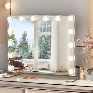 COSTWAY Hollywoodské zrcadlo se 14 stmívatelnými LED světly, 3 barvy světla, stolní a nástěnné zrcadlo 2 v 1 s kovovým stojanem, kosmetické zrcadlo s chytrým dotykovým ovládáním, 50 x 18 x 43 cm