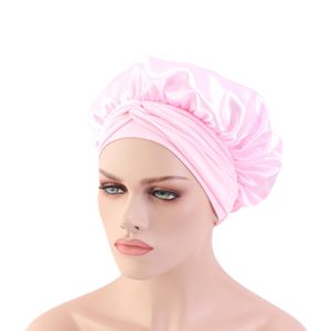 Frauen Solid Satin Stilvolle elastische Seide Schlafmütze Haarpflege Bonnet Head Lace Wrap-Rosa