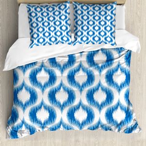 ABAKUHAUS Ikat Bettbezug, Verschwommen Damast Motive, Milbensicher Allergiker geeignet mit Kissenbezügen, 155 cm x 220 cm - 80 x 80 cm, Blau Weiss