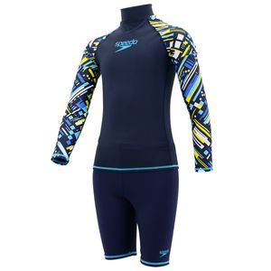 Speedo Outfit-Set aus Rashguard und Badehose für Jungen, UPF 50+ Langarm-Badeshirt und Badeanzug-Set, True Navy/Türkis, Größe 10