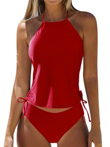 Damen Zweiteilige Badebekleidung Strand Ärmelloser Badeanzug Bauchfrei Halfterausschnitt Badebekleidung,Farbe: Wine Red,EU:36