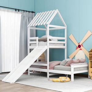 Flieks Patrová postel House Bed Play Tower Bed Dětská postel se skluzavkou a lamelovým rámem 90x200cm+90x100cm Play Bed Postel z borovicového dřeva bez matrace