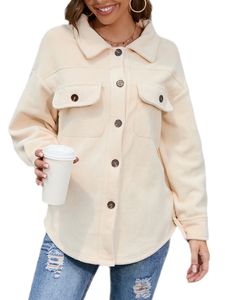 Frauen Klappen Taschen Dekor Mantel Winter Revers Jacke Lose Langarm Fleece Hemdjacken Jacken,Farbe:Aprikose,Größe:Xl