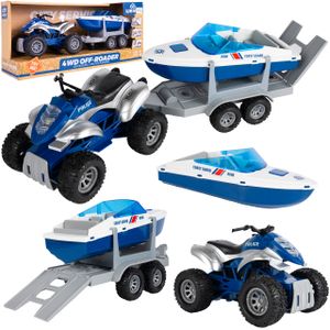 MalPlay Polizei Fahrzeug Set, Quad, Motorboot, Anhänger, Licht und Sound, Kinder Spielzeugautos, Polizei Boot mit Anhänger im Kit, ab 3 Jahren