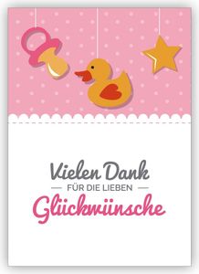 Süße rosa Dankeskarte zur Geburt eine Babys mit Ente und Schnuller: Vielen Dank für die lieben Glückwünsche