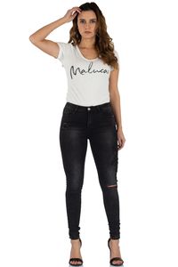Malucas Damen High Waist Jeans Skinny Hose mit Blumen, Größe:36, Farbe:Schwarz