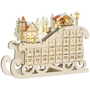 HOMCOM Adventskalender zum Befüllen 24 Schubladen Fächer Weihnachtskalender mit LED-Lichtern Schlitten-Form Adventskalenderbox Weihnachtsdekoration DIY Sperrholz-Platte Naturholz 45 x 10 x 31 cm