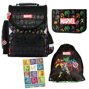 Schulranzen für Jungen und Mädchen, 4er-Set - Schul-Rucksack für Kinder mit Federmäppchen - Schuhbeutel und Hausaufgabenheft - Marvel Avengers Motiv