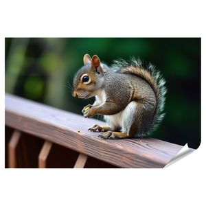 islandburner Premium Poster Eichhörnchen macht Pause mit Pistazie auf einem Holzgeländer Esszimmer