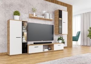 FURNIX Mediawand SARAI Wohnwand Wohnzimmerschrank mit TV Board, Vitrine und LED 4-teilig 240 cm modern Weiß-Eiche Artisan