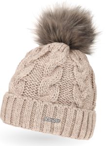 Damen Strick-Mütze gefüttert Fell-Bommel Kunstfell Winter-Mütze Bommelmütze Neverless® hell-beige unisize