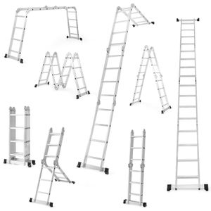 Viacúčelový rebrík COSTWAY 7 v 1 do 150 kg, sklápací rebrík s nastaviteľnou dĺžkou do 370,5 cm, vyrobený z hliníka