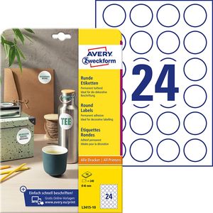 AVERY Zweckform Runde Etiketten L3415-10 (240 Aufkleber auf 10 Blatt, zum Bedrucken, selbstklebend, Ø 40 mm, A4, Klebepunkte zum Kennzeichnen von Unterlagen, Produkten) weiß