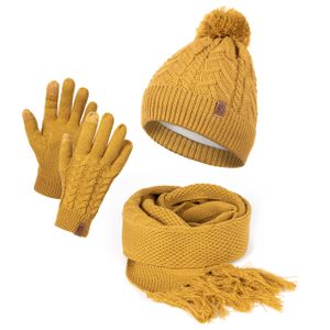 Damen Mütze Schal Winter Set | Gefütterte Strickmütze mit Bommel | Winterschal mit Fransen | Touchscreen Handschuhe Senfgelb