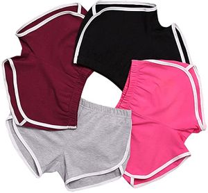 4 Stück Damen Sport Shorts Retro Shorts Aktiv Yoga Shorts Hose mit Farbig Abgesetzen Rändern,Größe:M ,Schwarz + Burgund + Grau + Pink