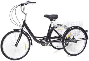 24'' Erwachsenendreirad  Dreirad  Erwachsene  Senioren Fahrrad 8 Gänge Fahrrad mit Einkaufskorb Geschenke für Eltern und ältere Menschen (schwarz)