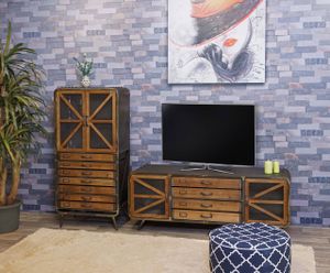 Wohnzimmer-Set HWC-F91, TV-Rack Kommode Highboard Hochschrank, Industrial Tanne Holz Metall, braun-schwarz