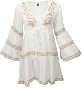 Boho Krinkelbluse, Bestickte Hippie Tunika - Naturweiß, Damen, Viskose, Größe: L