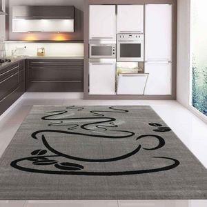 Küchenteppich Grau Trendiger Kaffee Teppich, Cappuccino Muster Tasse Kurzflor, Maße:120 x 170 cm