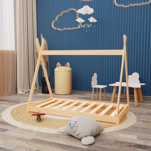 Montessori Kinderbett 140x70cm natur Tipi Spielbett Zeltform Holz bodentief mit Lattenrost