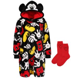 Disney Mickey Mouse Geschenkset: Schwarzes Damen-Sweatshirt/Bademantel/Decke + Socken, Snuddy mit Kapuze M-L