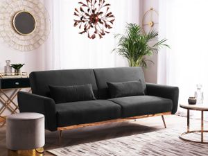 Sofa Schwarz Samtstoff 3-Sitzer Schlaffunktion Retro Design Zierkissen Wohnzimmer