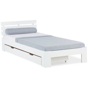 Homestyle4u 2291, Holzbett 90x200 mit Schublade Weiß Einzelbett mit Lattenrost Bettkasten Bett Holz Kiefer