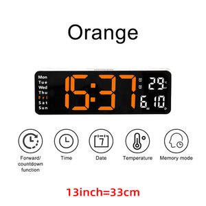 Große digitale LED-Wanduhr, Fernbedienung, Temperatur, Datum, Wochenanzeige, Speichertabelle, an der Wand montiert, zwei elektronische Wecker, 13 ZOLL, orange