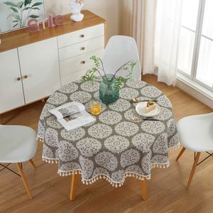 120 cm Quasten Tischdecke, Runde Tischdecke aus Polyester Baumwolle, für Esstisch, Couchtisch, Gartentisch (Dunkelgrünes Retro Muster)
