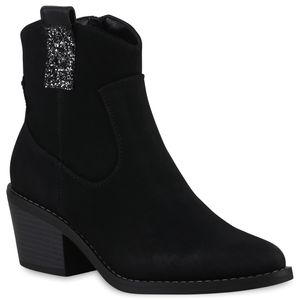 VAN HILL Damen Leicht Gefütterte Cowboy Boots Stiefeletten Glitzer Schuhe 839699, Farbe: Schwarz, Größe: 36