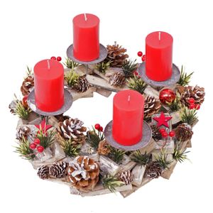 Adventskranz HWC-H50, Weihnachtsdeko Adventsgesteck Weihnachtsgesteck, Holz rund Ø 33cm  inkl. 4x Kerzen rot