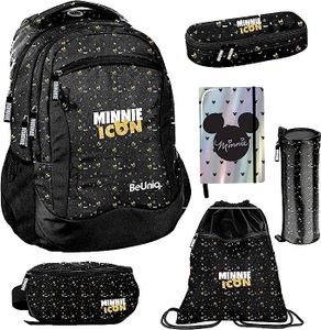 6er SET Mädchen Schulrucksack Minnie Mouse Disney Rucksack Federmappe Schlamperrolle Stiftetasche Gürteltasche Tagebuch Turnbeutel Grundschule