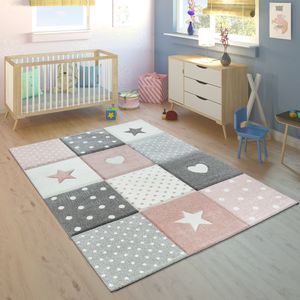 Kinderteppich Kinderzimmer Teppich Kurzflor Herz Punkte Rosa Grau Weiß Grösse 120x170 cm