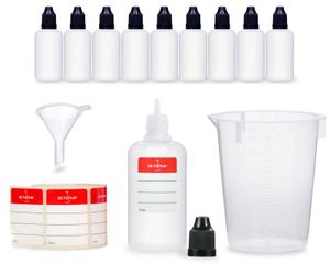 10 Plastikflaschen 50 ml LDPE, G14, Tropfeinsatz, Deckel schwarz, Mini-Trichter, 150 ml Messbecher