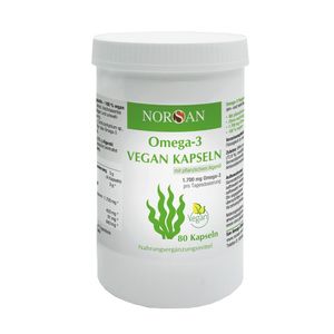 Norsan Omega-3 Vegan Kapseln | 80 Kapseln | mit pflanzlichem Algenöl | 1700 mg Omega-3 pro Tagesdosis | hochdosiert