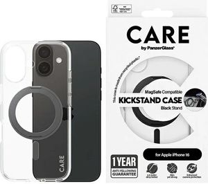 CARE by PanzerGlass Feature Case Transparent z czarną podpórką i MagSafe iPhone 16 | CARE